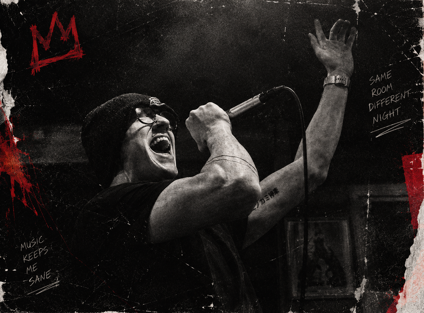 Sam Atkins performing live in a black-and-white collage with red marks